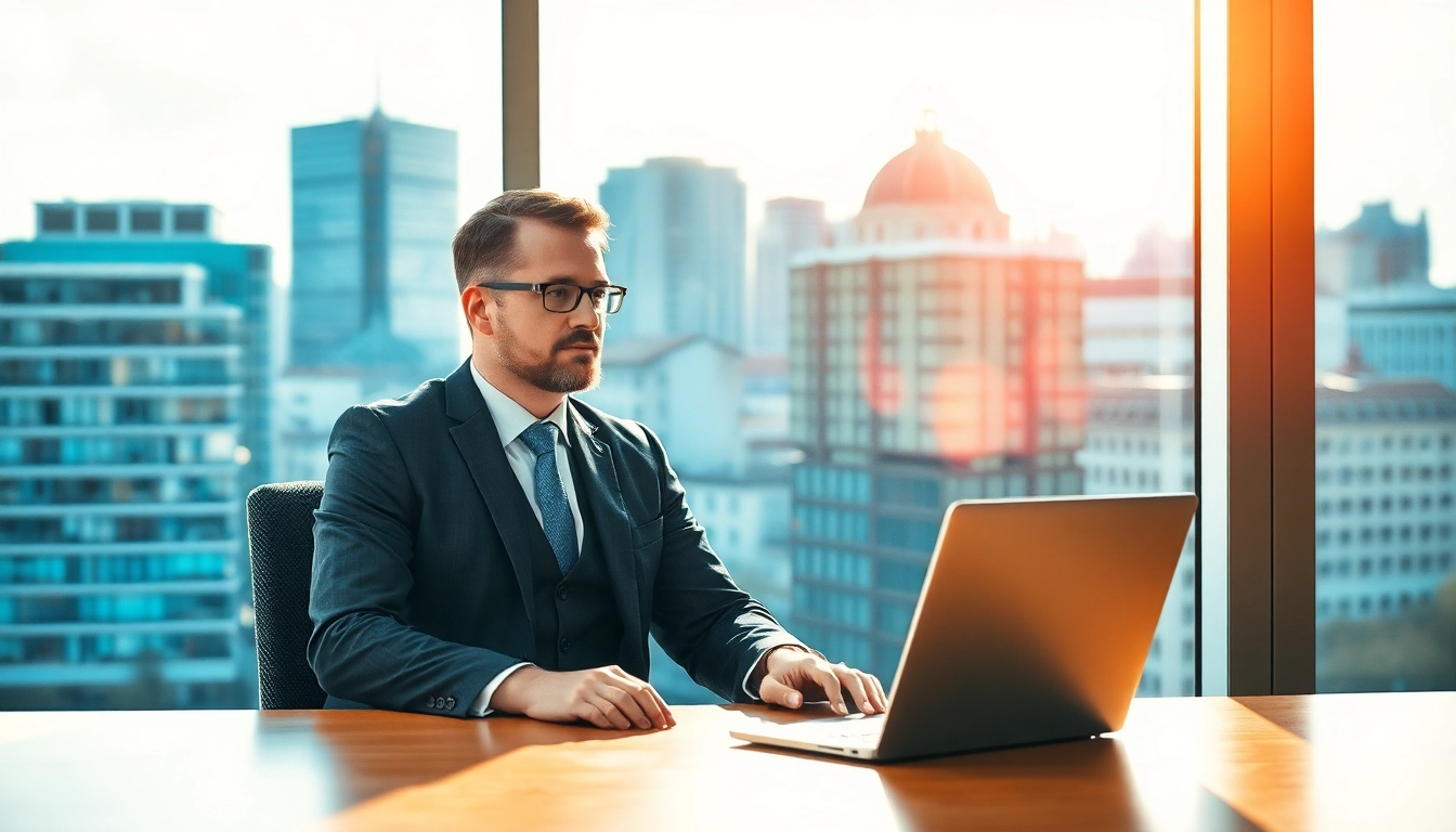 Headhunter München beim Arbeiten in einem modernen Büro und der Skyline von München im Hintergrund