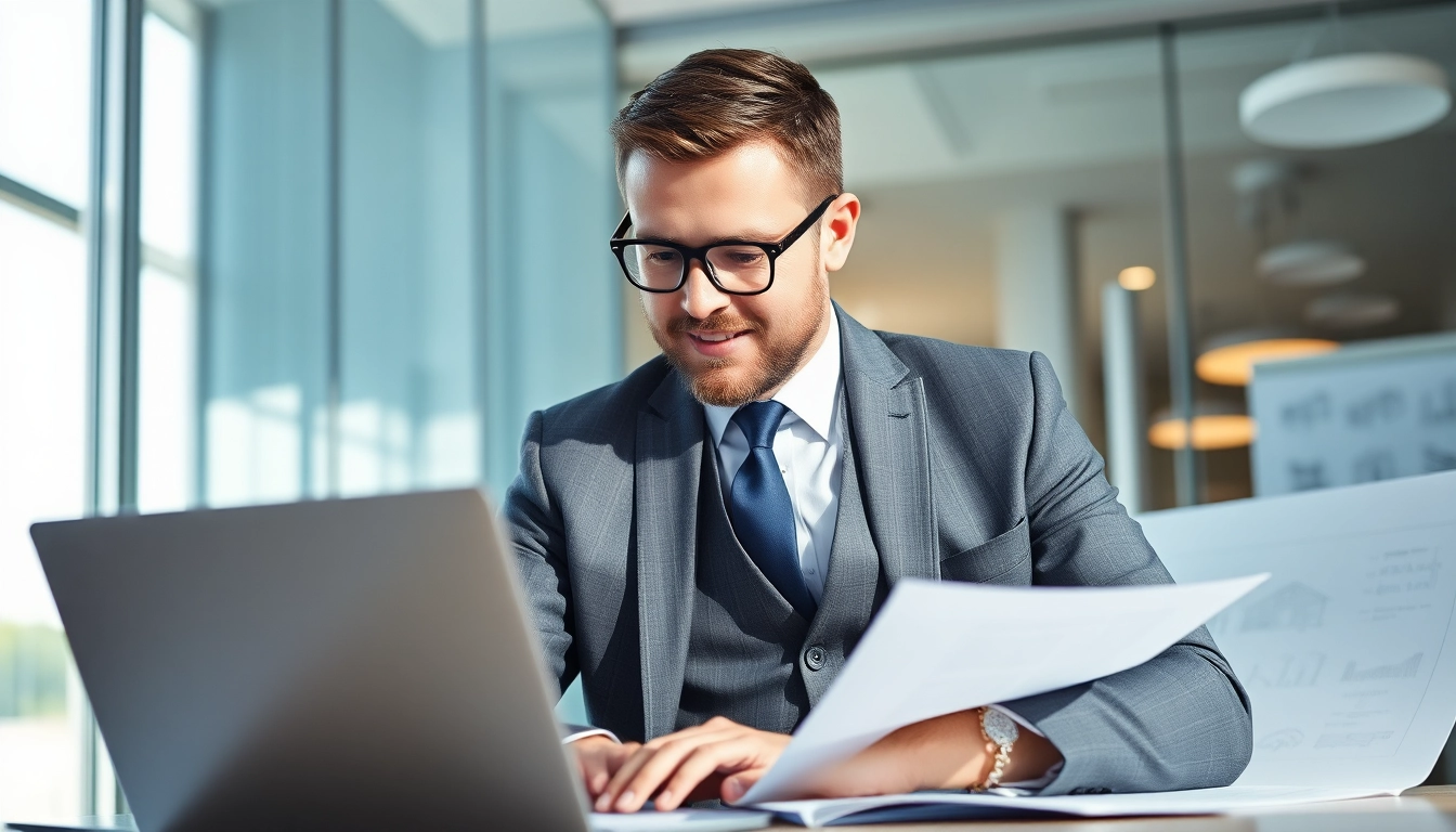 Headhunter Baubranche berät in einem modernen Büro, umgeben von Bauplänen.