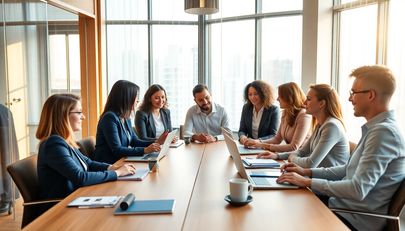 Professionals discussing recruitment strategies with a Headhunter Köln in a modern meeting room.