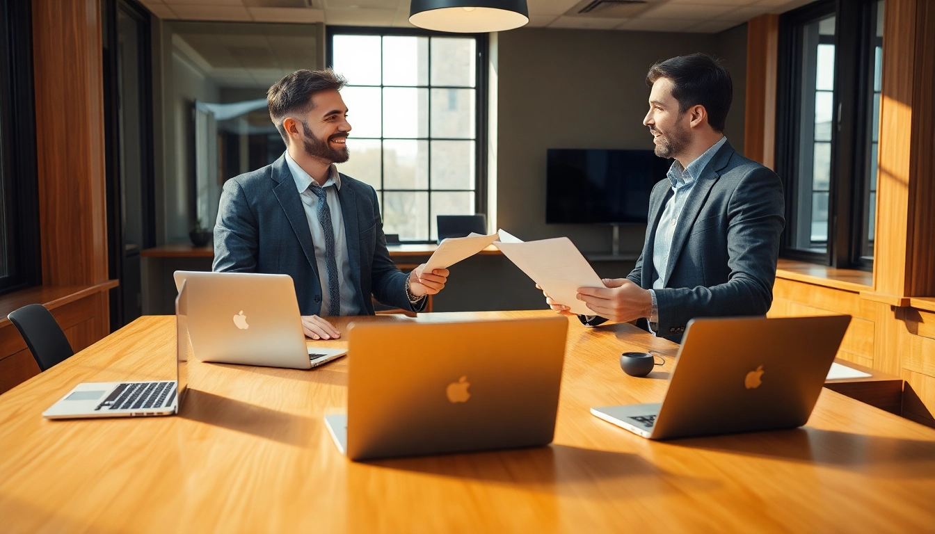 Interaktion zwischen einem Headhunter IT und einem Kandidaten in einem modernen Büro, umgeben von Technologie.