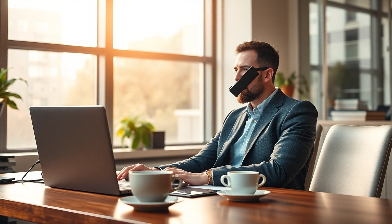 Headhunter IT bei einem Telefoninterview in einem modernen Büro, umgeben von Lebensläufen und Technologie.