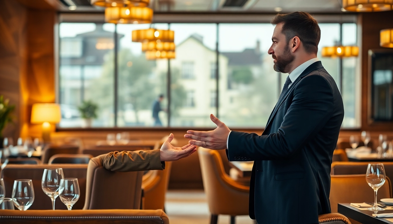 Headhunter Gastronomie führt ansprechendes Gespräch mit Kandidaten in eleganter Restaurantumgebung.