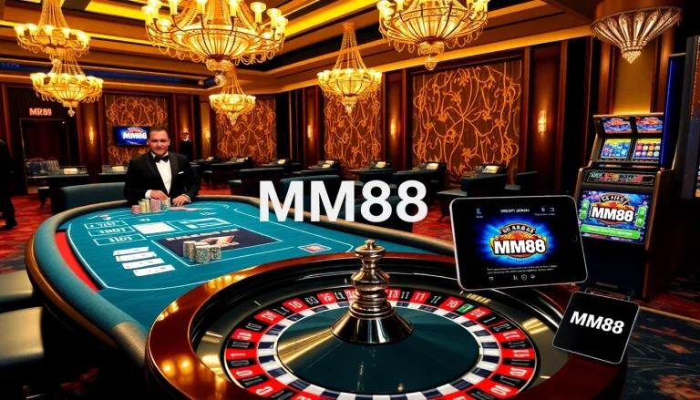 Experience the excitement of MM88 at a luxurious casino with vibrant chips and stunning tables.