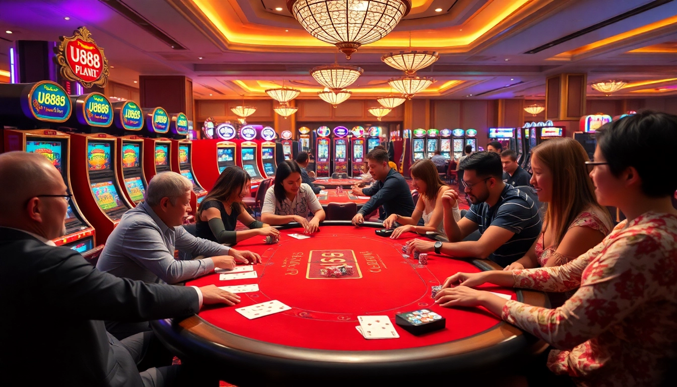 Experience the excitement at U888's luxurious casino table with vibrant slot machines and enthusiastic players.