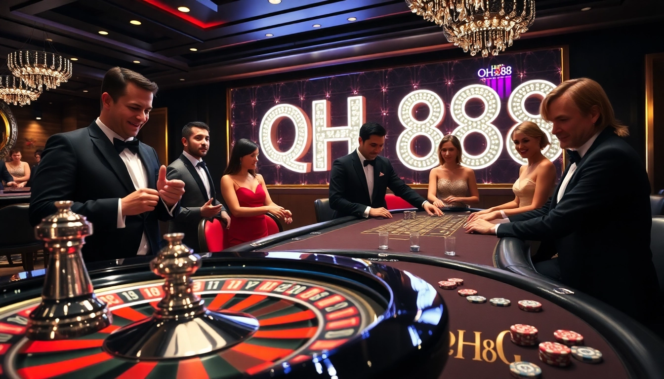 Exciting scene of QH88 casino with players engaged in roulette and blackjack.