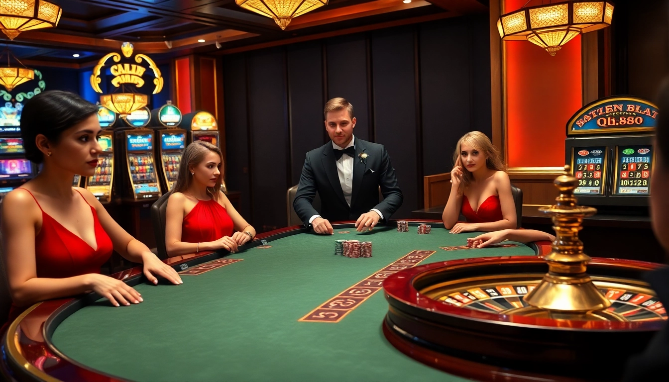 A thrilling moment at a QH88 poker game, showcasing professional players and vibrant casino elements.