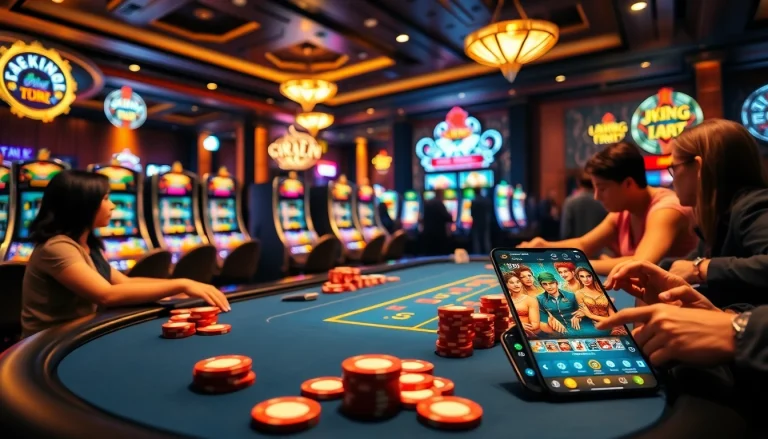 Exciting gambling scene with 79KING poker tables and vibrant slot machines.
