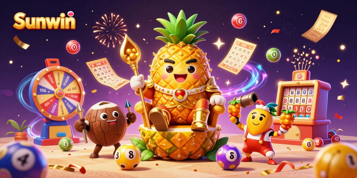 Sunwin games come alive with a vibrant carnival scene featuring a golden pineapple king and colorful lottery elements.