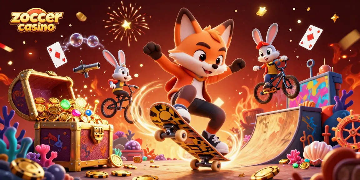 Zoccer casino scene with animated characters celebrating amidst vibrant casino-themed elements and dynamic graphics.