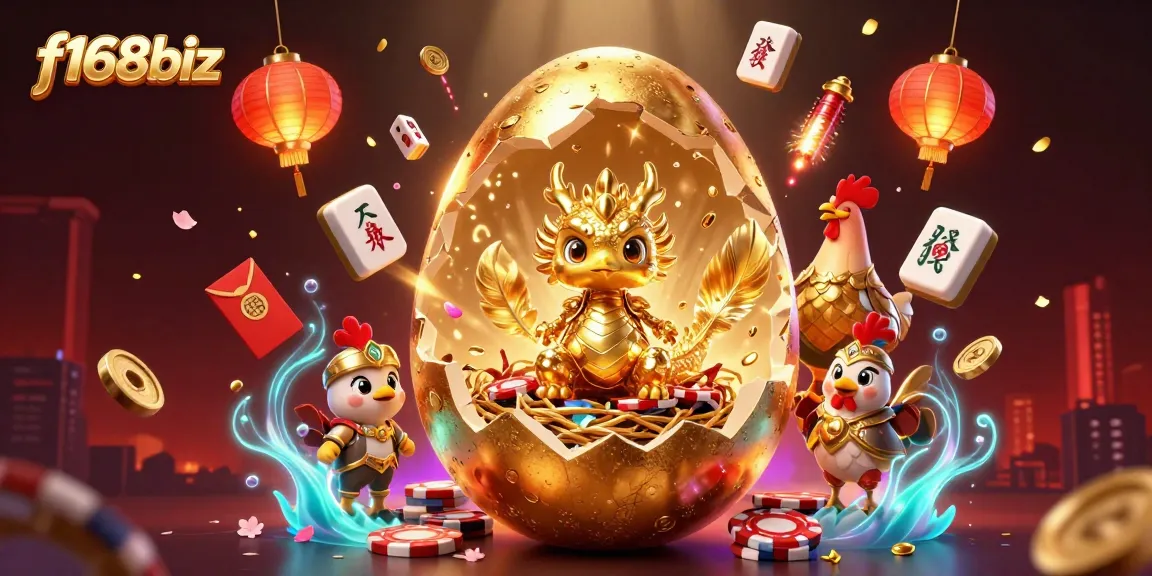 Engage with the vibrant f168biz gaming scene featuring a golden dragon amid poker chips, lanterns, and dynamic elements.