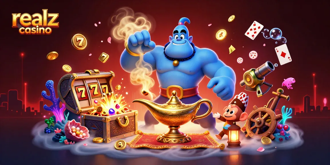 Experience vivid gaming excitement with realz casino featuring a magical genie and vibrant treasure elements.
