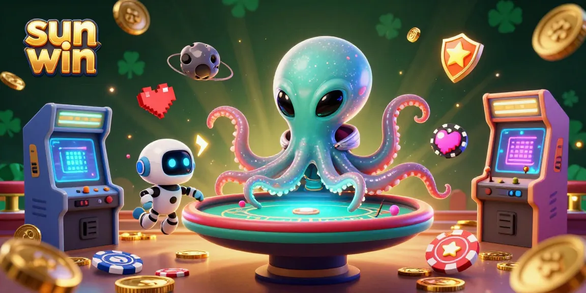 Join the cosmic fun with the sun win poker table as the alien octopus expertly deals chips.