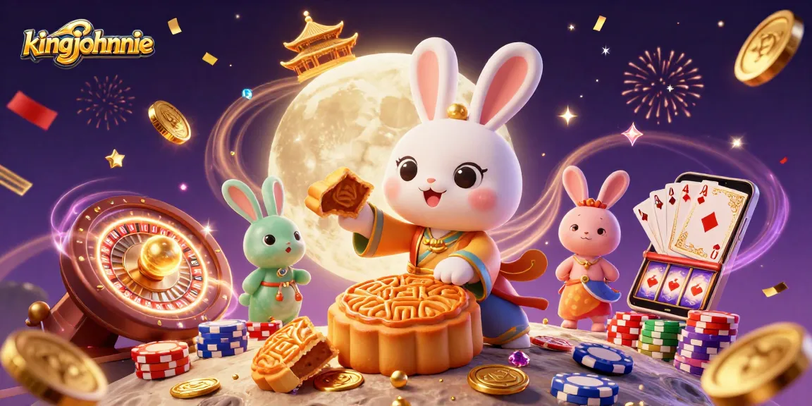 Experience the kingjohnnie moon rabbit pounding mooncakes revealing poker chips in a vibrant casino scene.