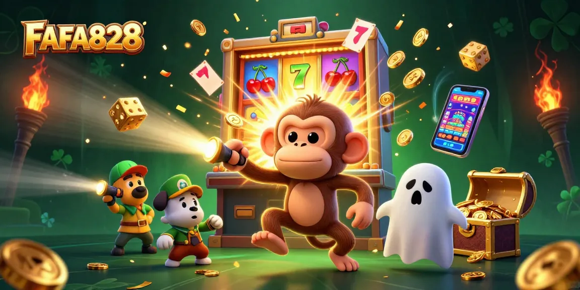 Experience excitement with FAFA828 as the poltergeist monkey juggles gold in a dynamic casino scene.